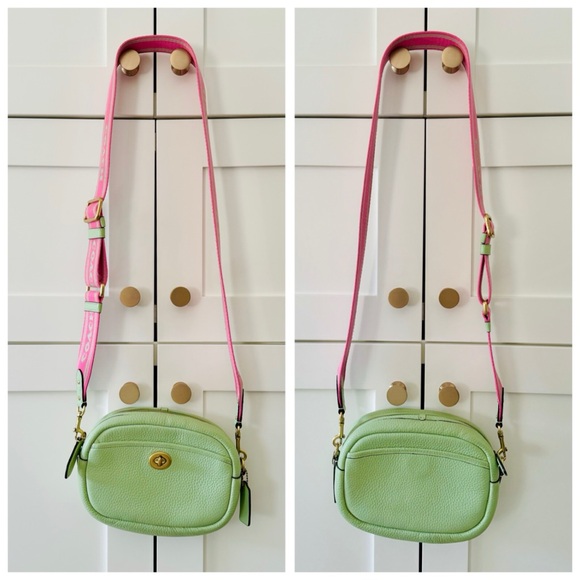 COACH Pistachio Green Leather Oval Camera Bag, Crossbody Guitar Strap (Pink) - Picture 3 of 17